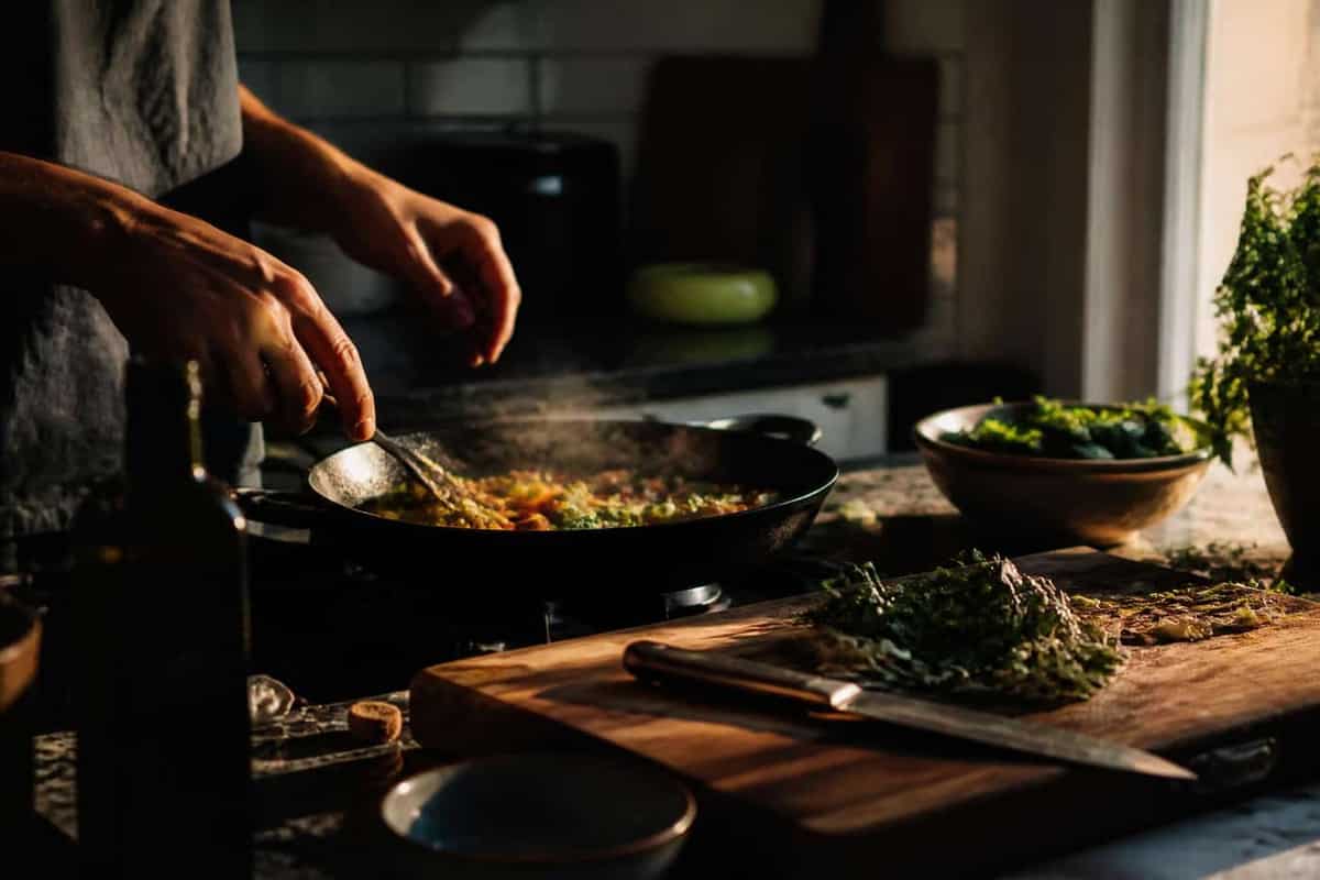 Hands cooking dinner in a warm home kitchen at evening